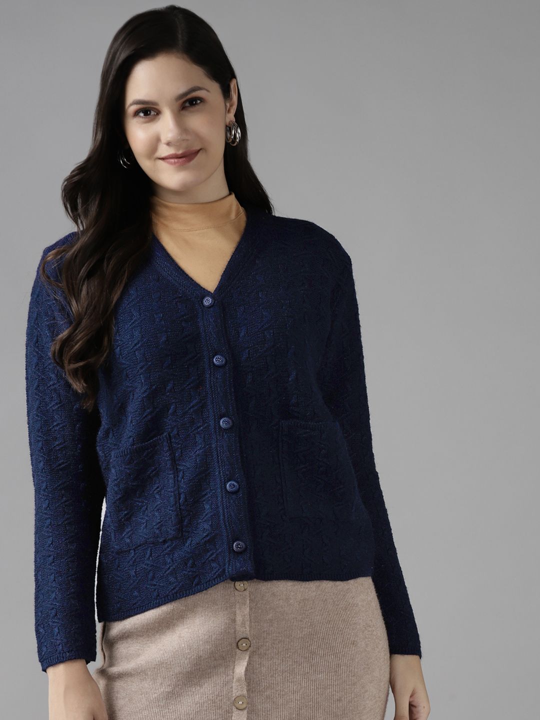 Cayman Women Navy Blue Self-Design Woollen Cardigan Price in India