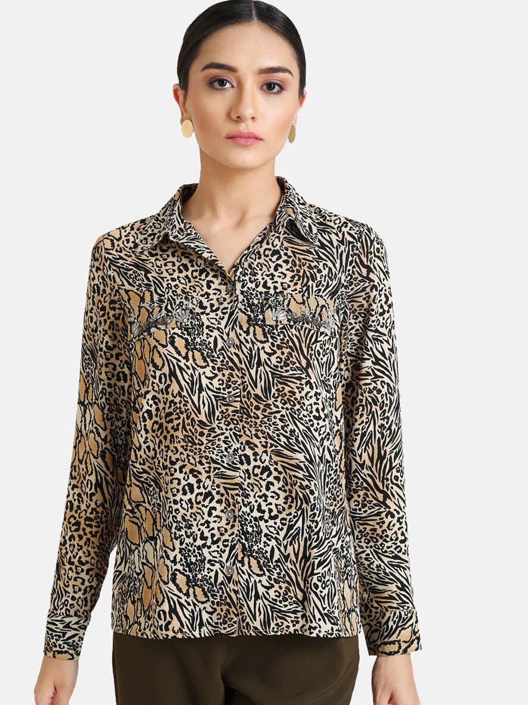 Kazo Women Brown Animal Printed Casual Shirt