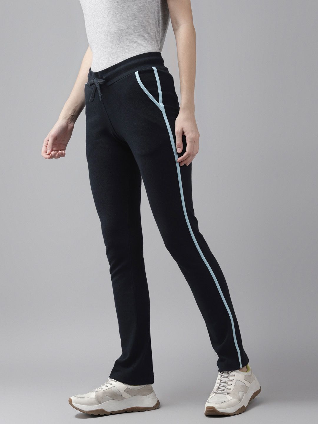 Cayman Women Navy Blue Solid Cotton Track Pants Price in India