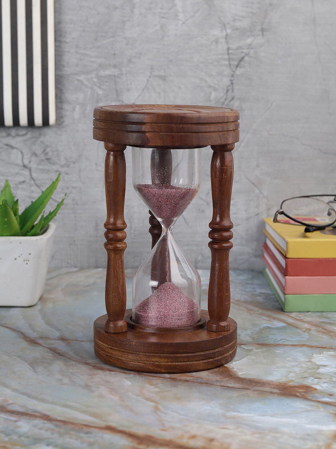 EXIM DECOR Brown & Transparent Handcrafted Wooden Pink Sand Timer Showpiece Price in India