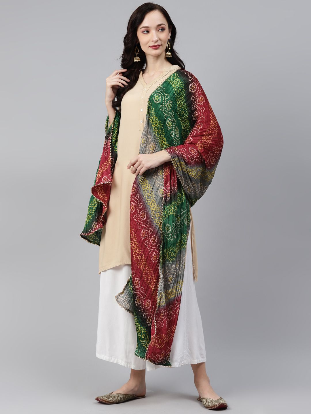 Rang Gali Green & Red Printed Bandhani Dupatta with Gotta Patti Price in India