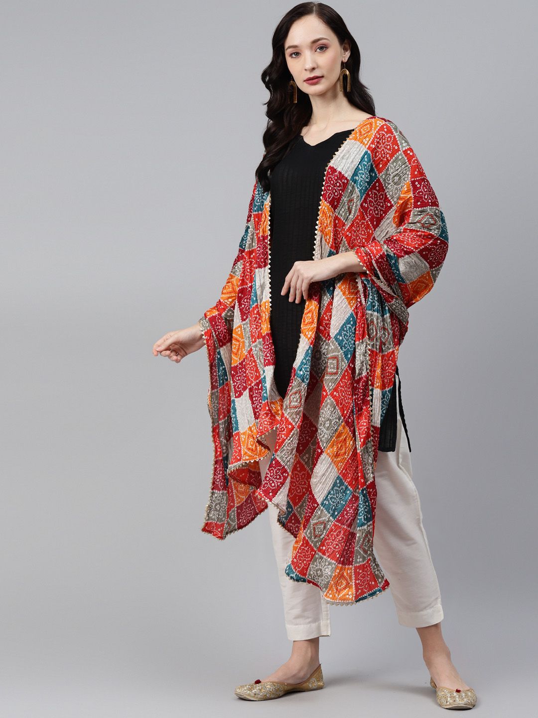 Rang Gali Orange & Red Printed Bandhani Dupatta with Gotta Patti Price in India