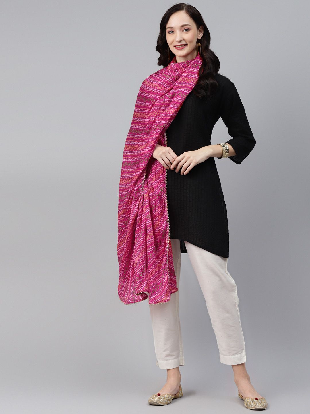 Rang Gali Pink & White Printed Bandhani Dupatta with Gotta Patti Price in India