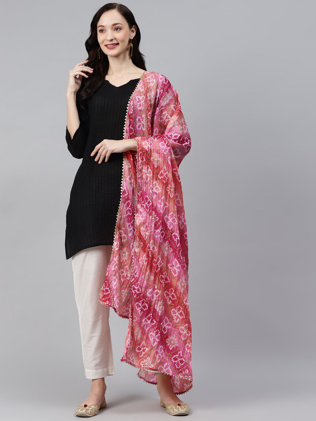 Rang Gali Pink & White Printed Bandhani Dupatta with Gotta Patti Price in India