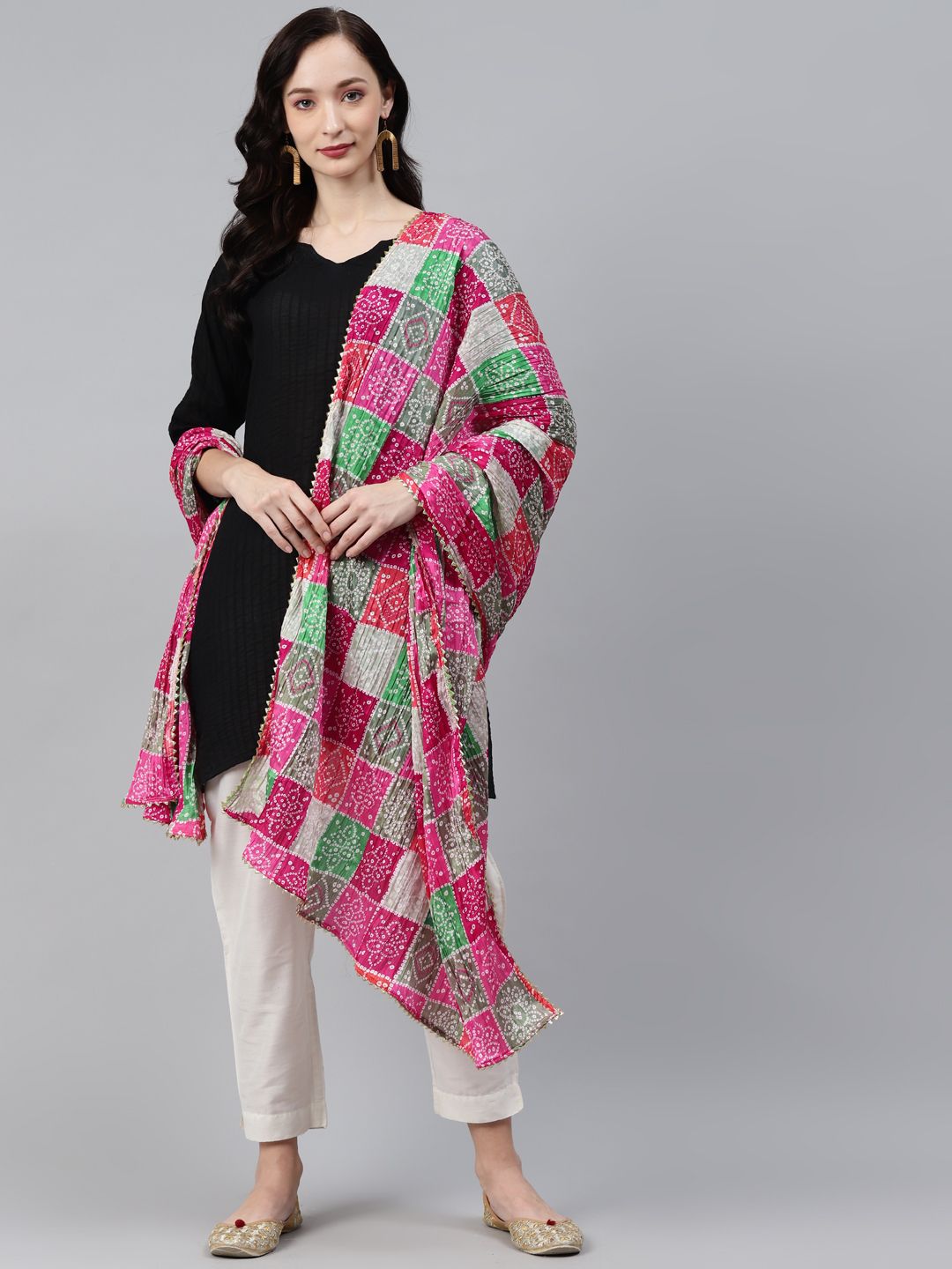 Rang Gali Pink & Green Printed Bandhani Dupatta with Gotta Patti Price in India