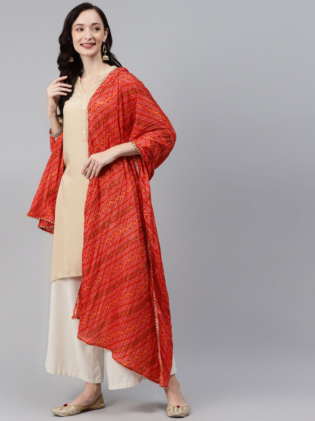 Rang Gali Red & Yellow Printed Bandhani Dupatta with Gotta Patti Price in India