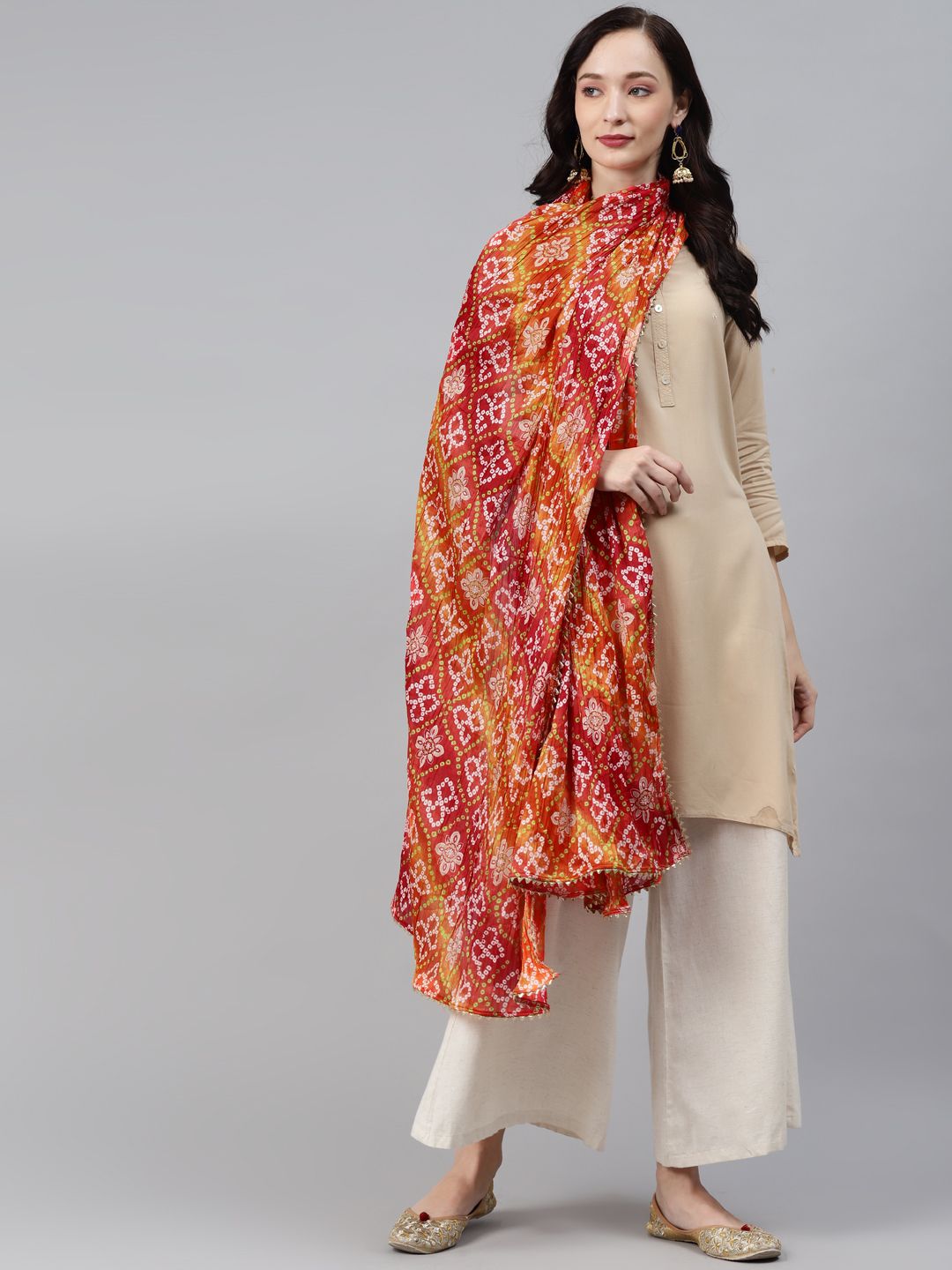 Rang Gali Red & Yellow Printed Bandhani Dupatta with Gotta Patti Price in India