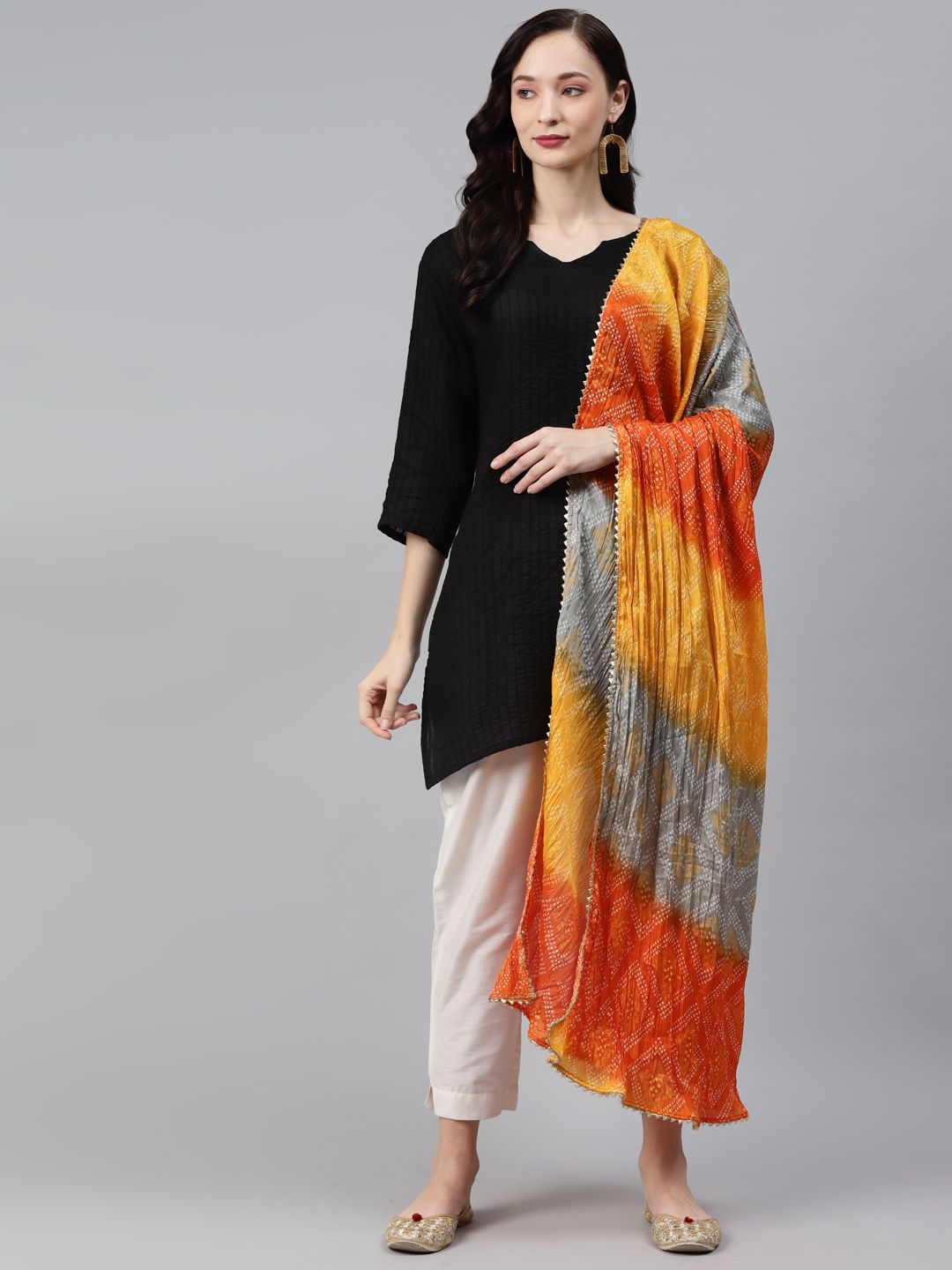 Rang Gali Orange & Yellow Printed Bandhani Dupatta with Gotta Patti Price in India