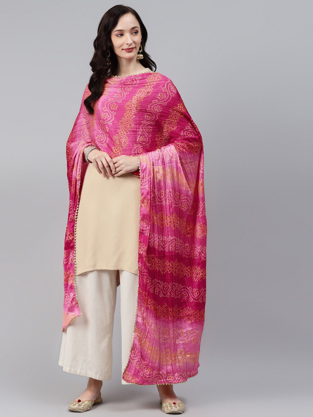 Rang Gali Pink & Yellow Printed Bandhani Dupatta with Gotta Patti Price in India