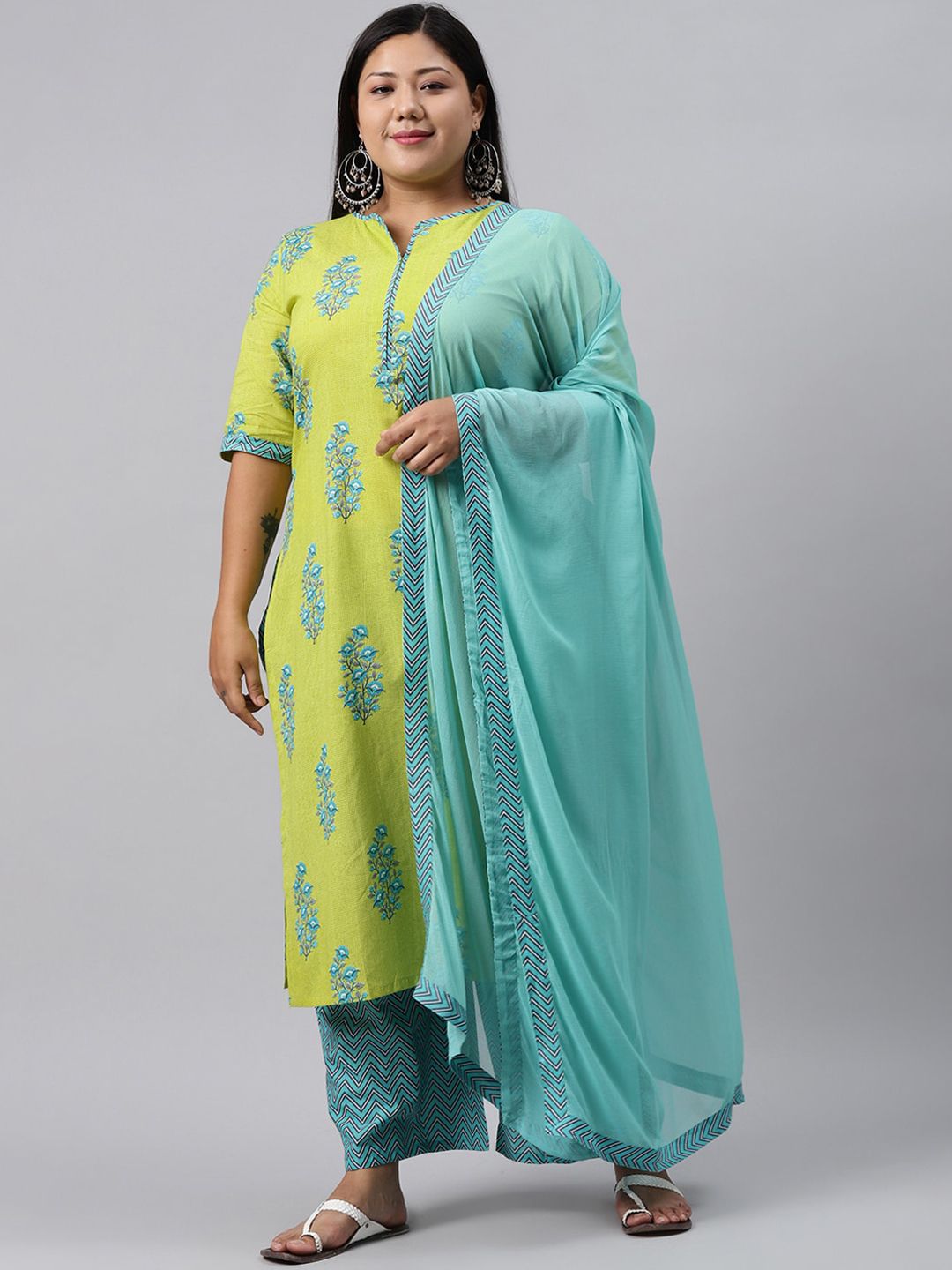 EXTRA LOVE BY LIBAS Plus Size Women Green Ethnic Motifs Kurta with Palazzos & With Dupatta Price in India