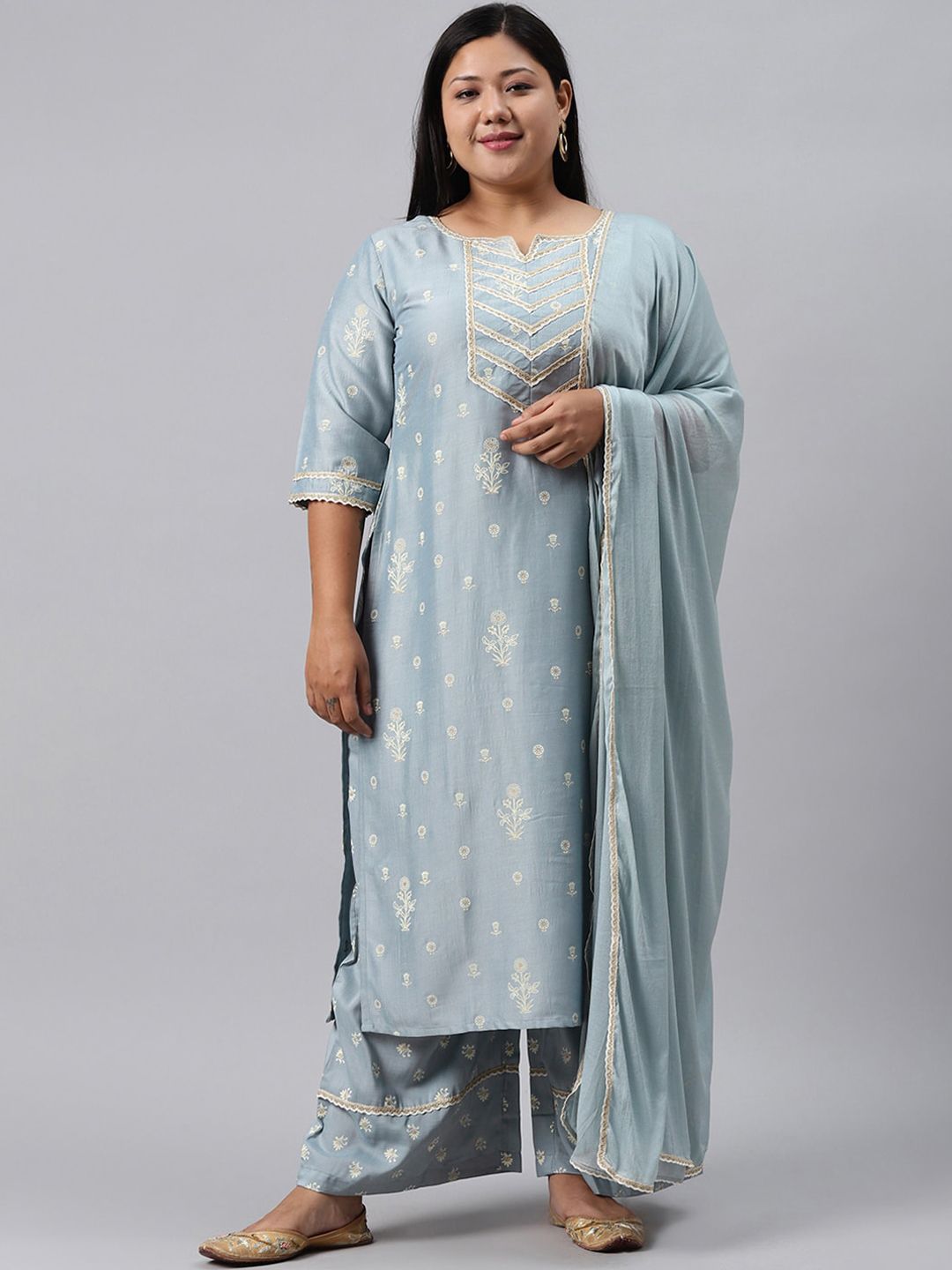 EXTRA LOVE BY LIBAS Plus Size Women Grey Pure Silk Kurta with Palazzos & With Dupatta