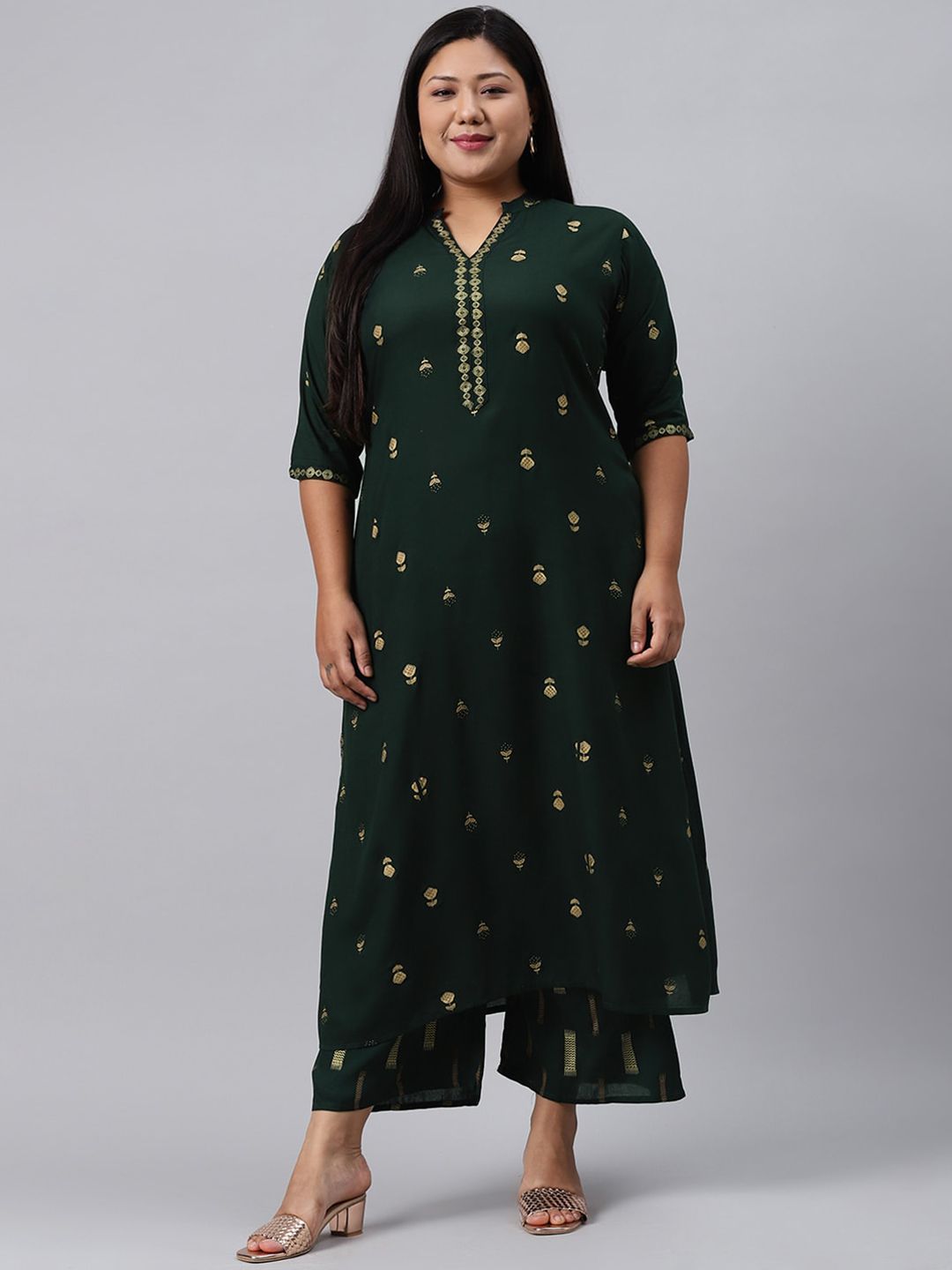 EXTRA LOVE BY LIBAS Plus Size Women Green Floral Printed Kurta with Palazzos Price in India