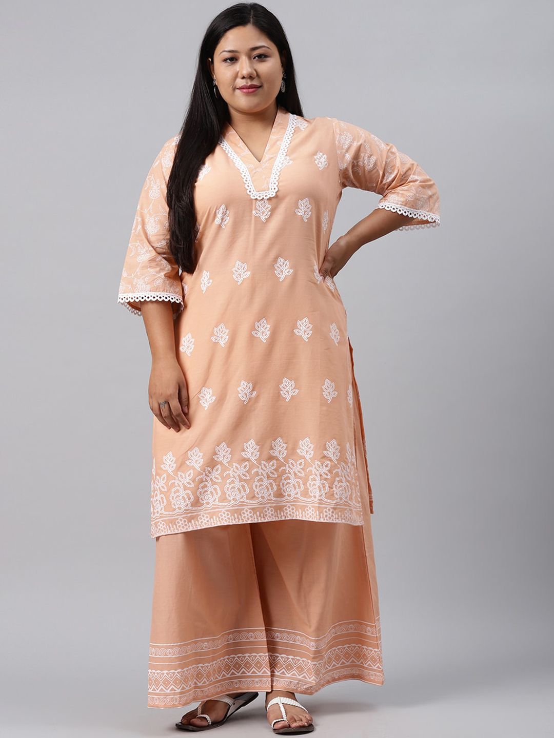 EXTRA LOVE BY LIBAS Plus Size Women Peach-Coloured Floral Printed Flared Sleeves Kurta Price in India