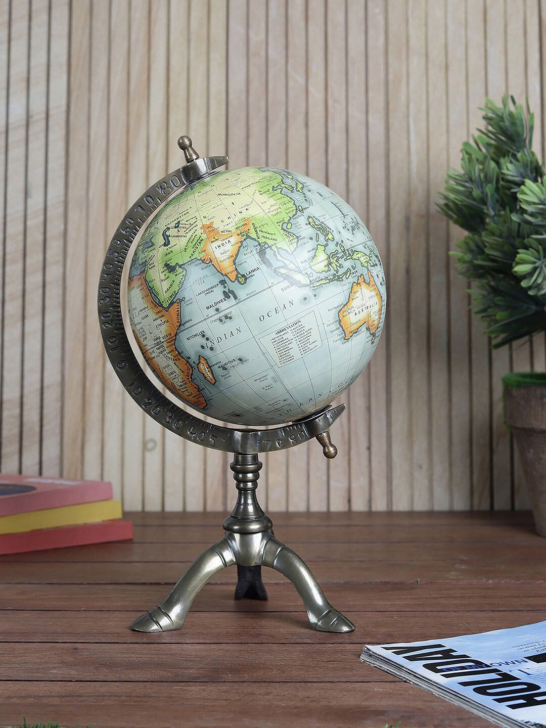 EXIM DECOR Gun Metal-Toned Globe with Tri Stand Showpiece Price in India