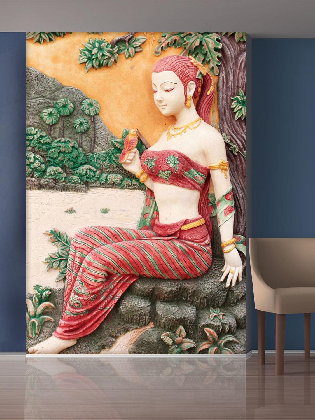 999Store Red & Green Trees and Sitting Lady Mural Self-Adhesive Wallpaper Price in India