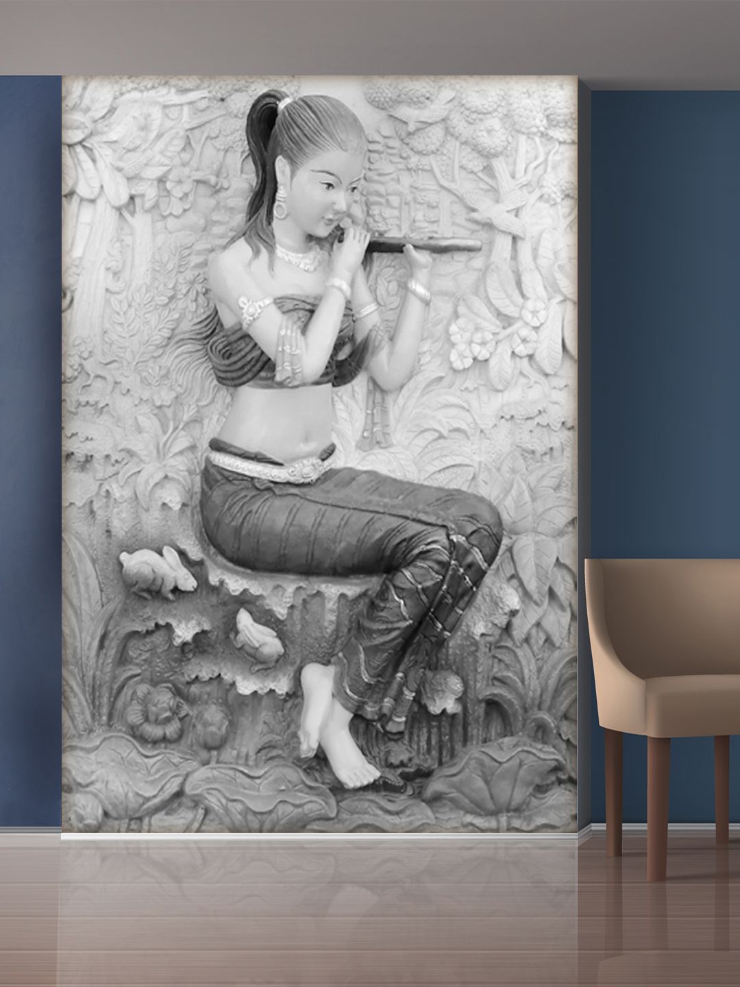 999Store White & Grey Beautiful Lady Palying Fluet Self-Adhesive Mural Wallpaper Price in India
