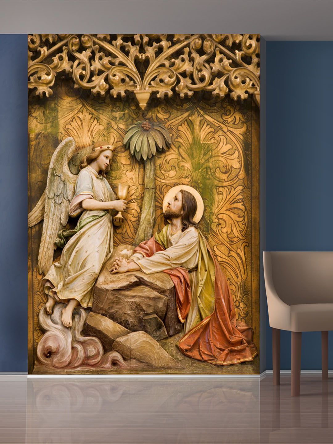 999Store Gold-Toned & Green Angel and Jesus Mural Self-Adhesive Wallpaper Price in India