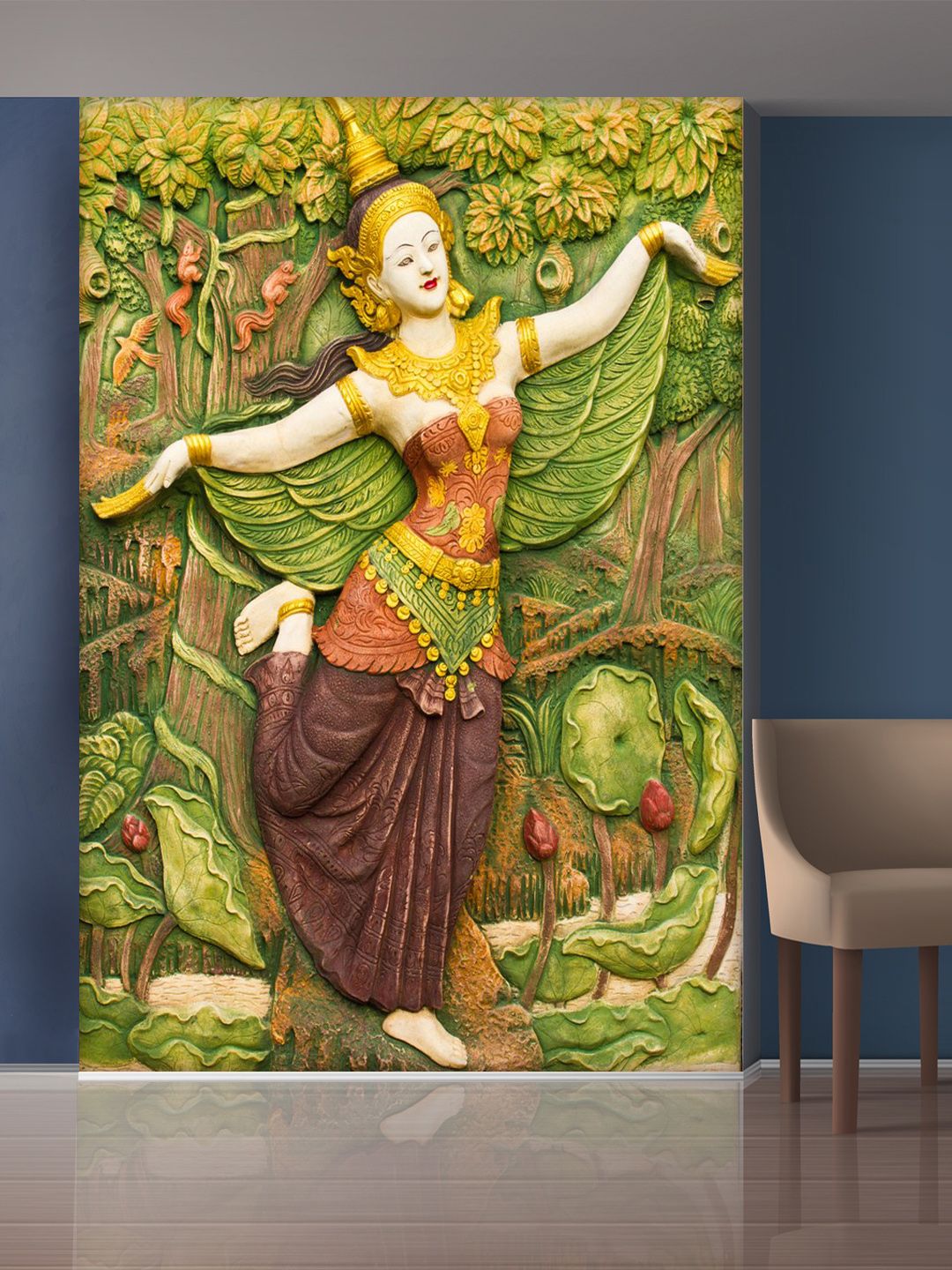 999Store Green & Orange Trees & Dancing Angel Self-Adhesive Mural Wallpaper Price in India