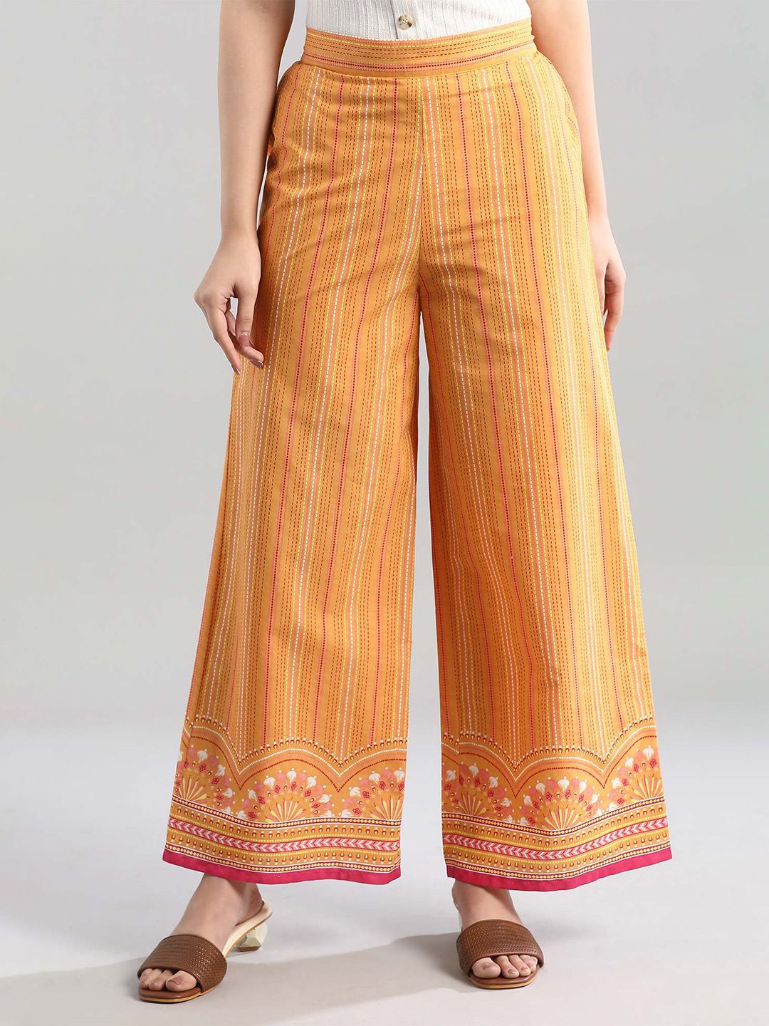 AURELIA Women Yellow & Red Geometric Printed Loose Fit Woven Ethnic Palazzos Price in India