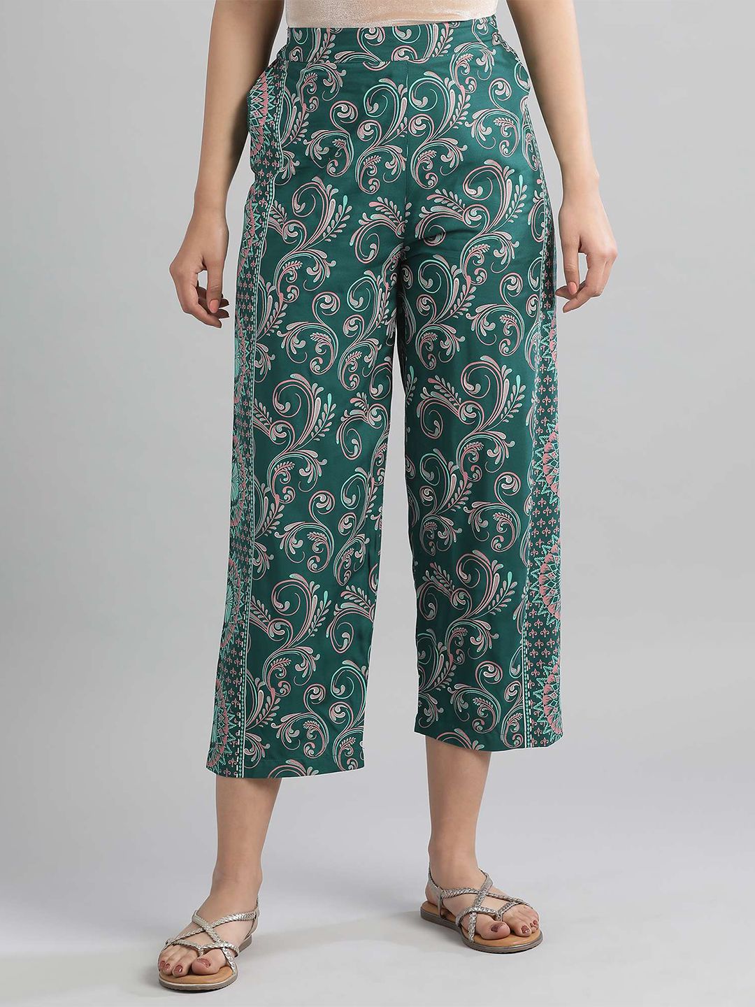 AURELIA Women Green & Pink Floral Printed Straight Fit Woven Cropped Ethnic Palazzos Price in India