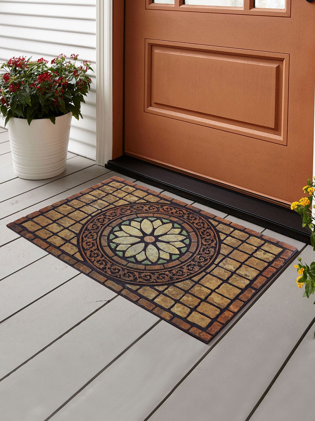 OBSESSIONS Brown & Yellow Patterned Verona Outdoor Mat Price in India