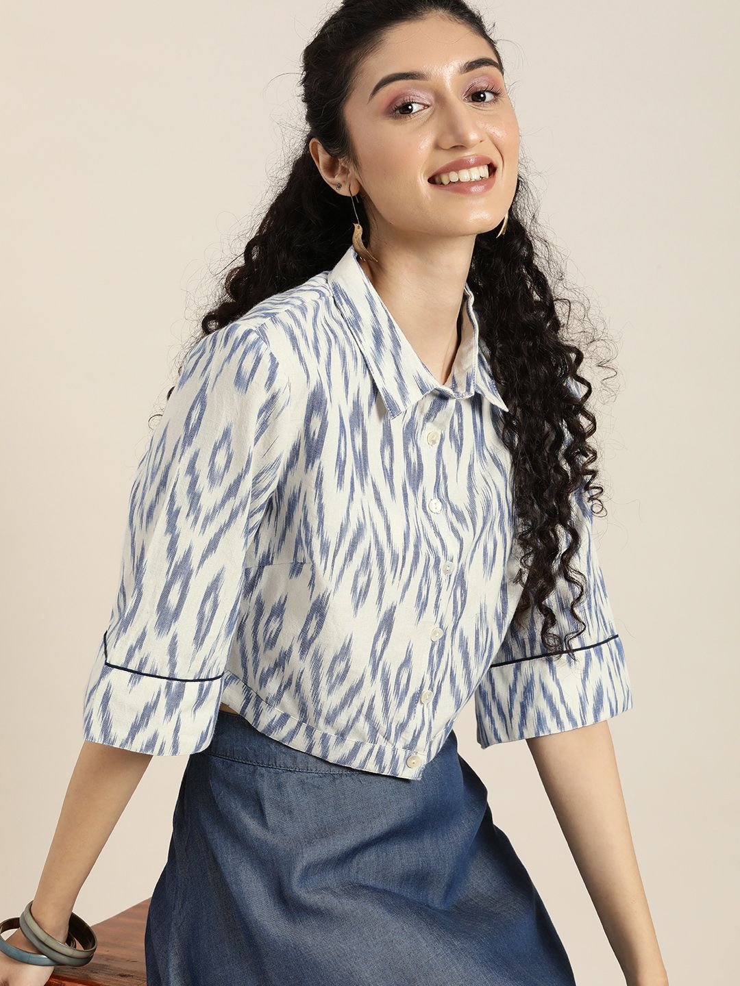 Taavi Off White & Blue Ikat Woven Design Shirt Style Crop Top Price in India