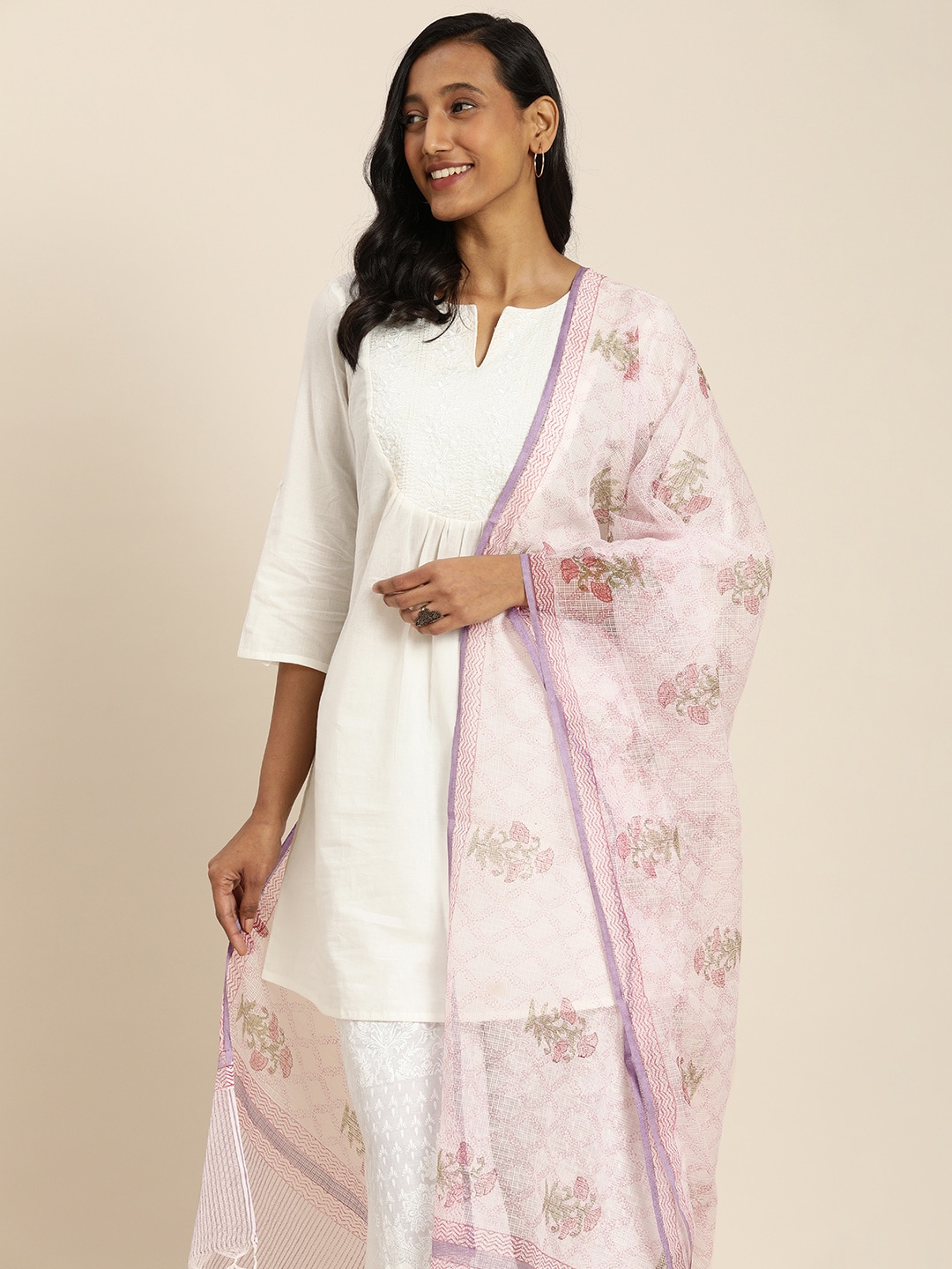 Taavi Pink & White Floral Block Print Legacy Dupatta Price in India