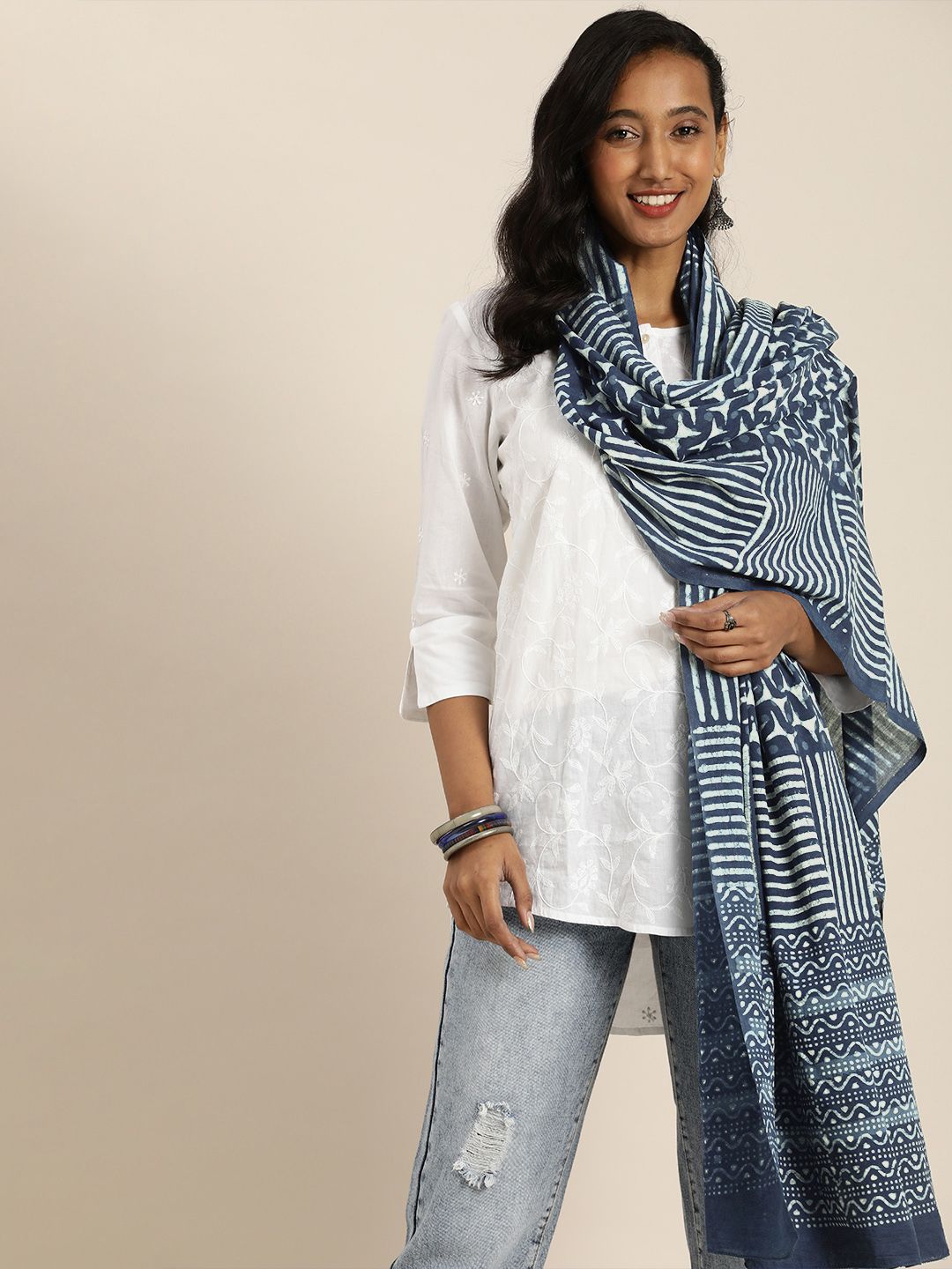 Taavi Navy Blue & White Striped Indigo Block Print Pure Cotton Dupatta Price in India