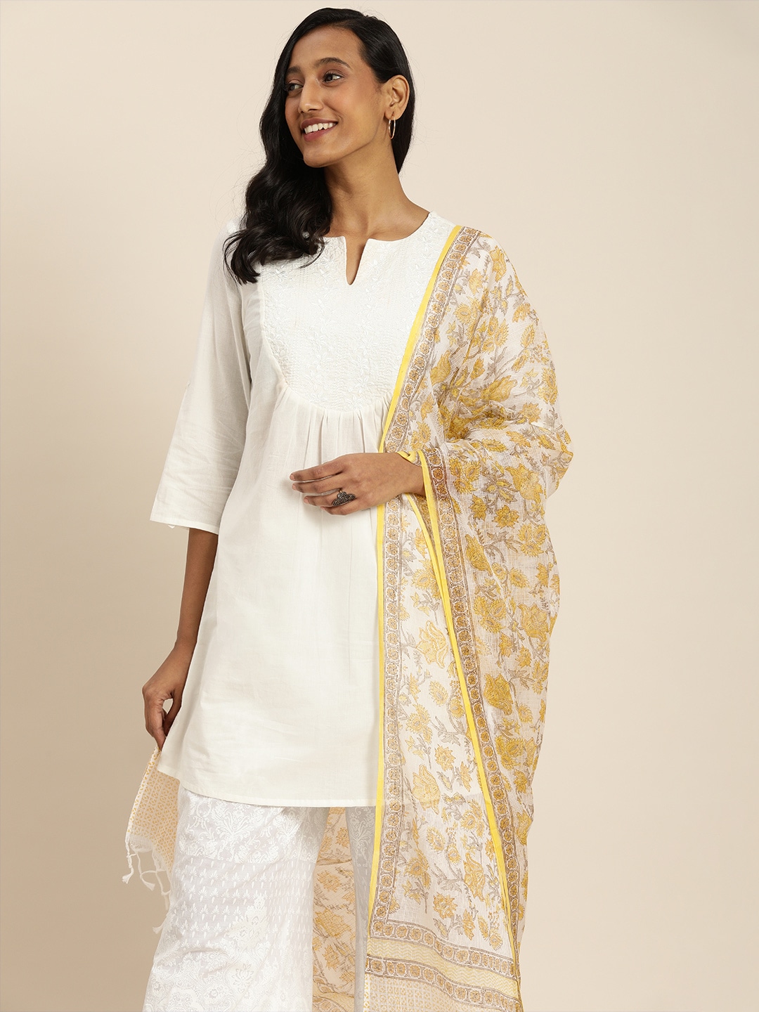 Taavi Yellow & White Floral Block Print Legacy Dupatta Price in India