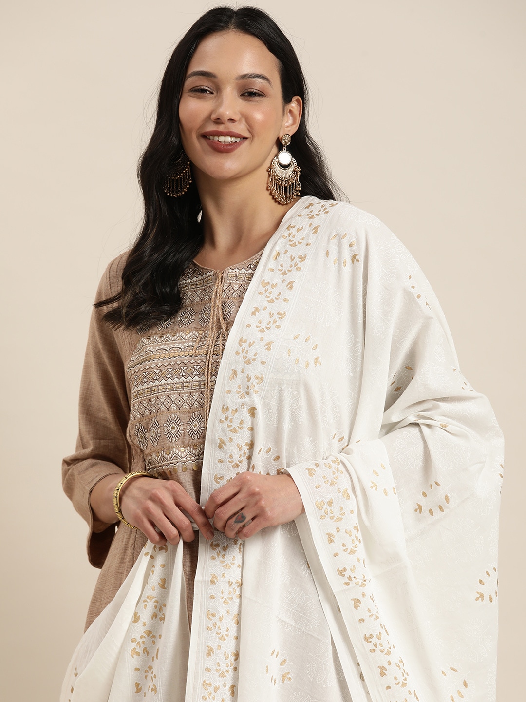 Taavi White & Gold-Toned Woven Design Block Print Legacy Pure Cotton Dupatta Price in India