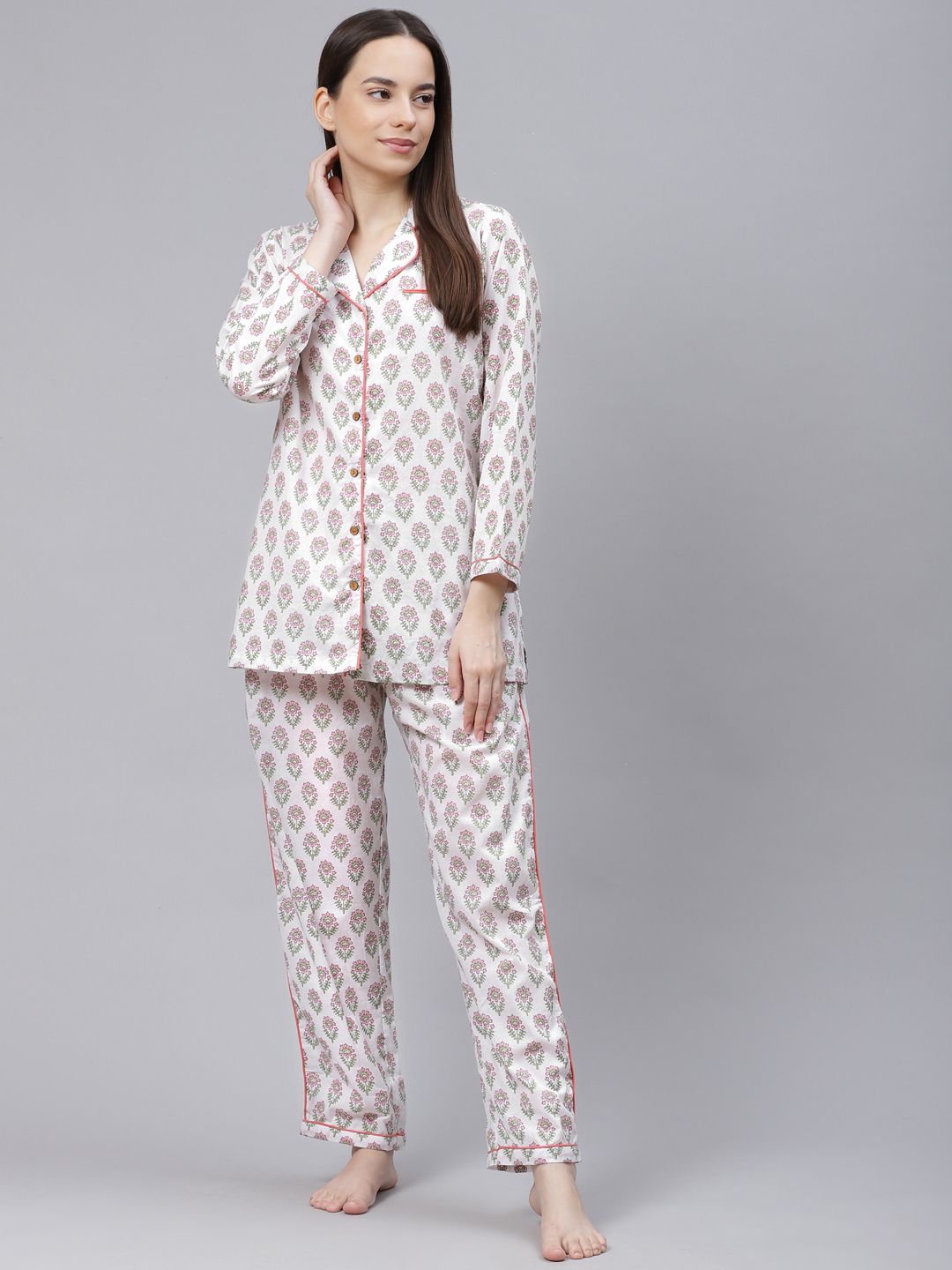 Divena Women White & Pink Printed Pure Cotton Pyjamas Set Price in India