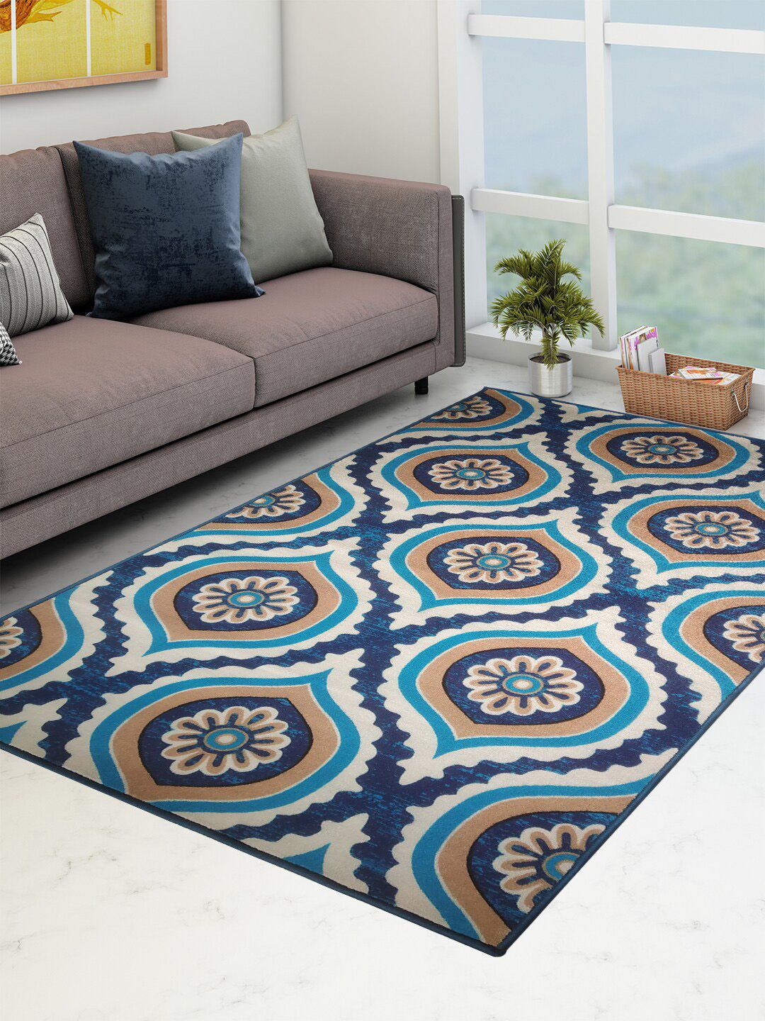 Athom Trendz Blue & Beige Floral Anti Skid Carpet Price in India