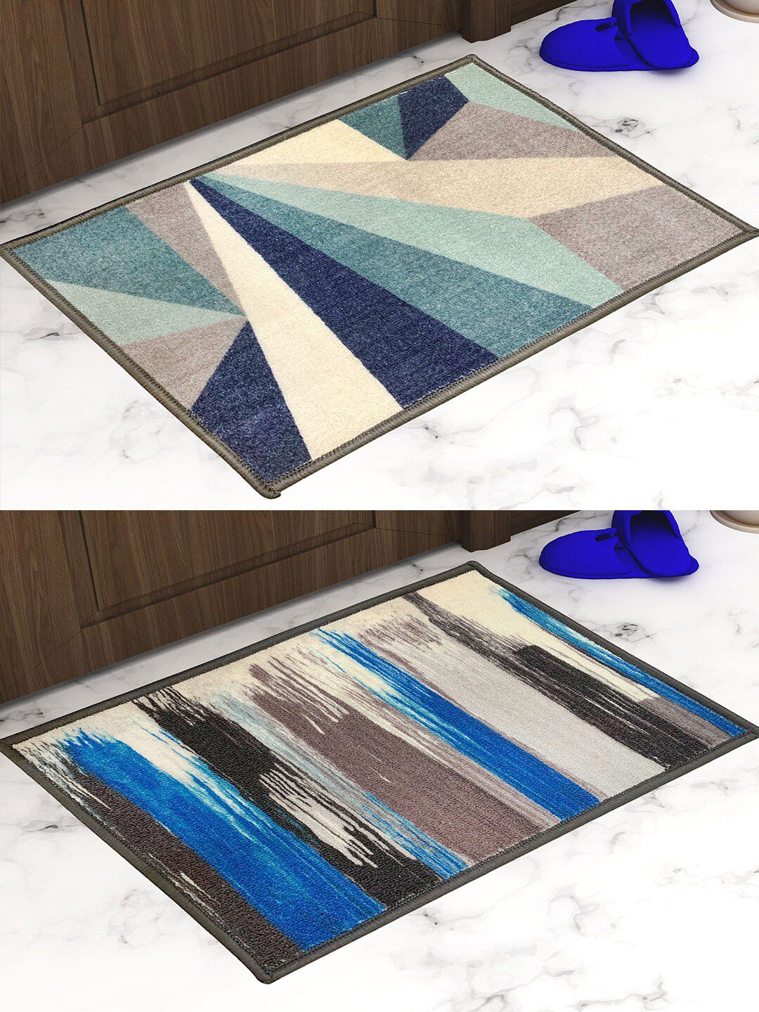 Athom Trendz Blue & Grey Set of 2 Floral Printed Anti Slip Doormat 57x37cm