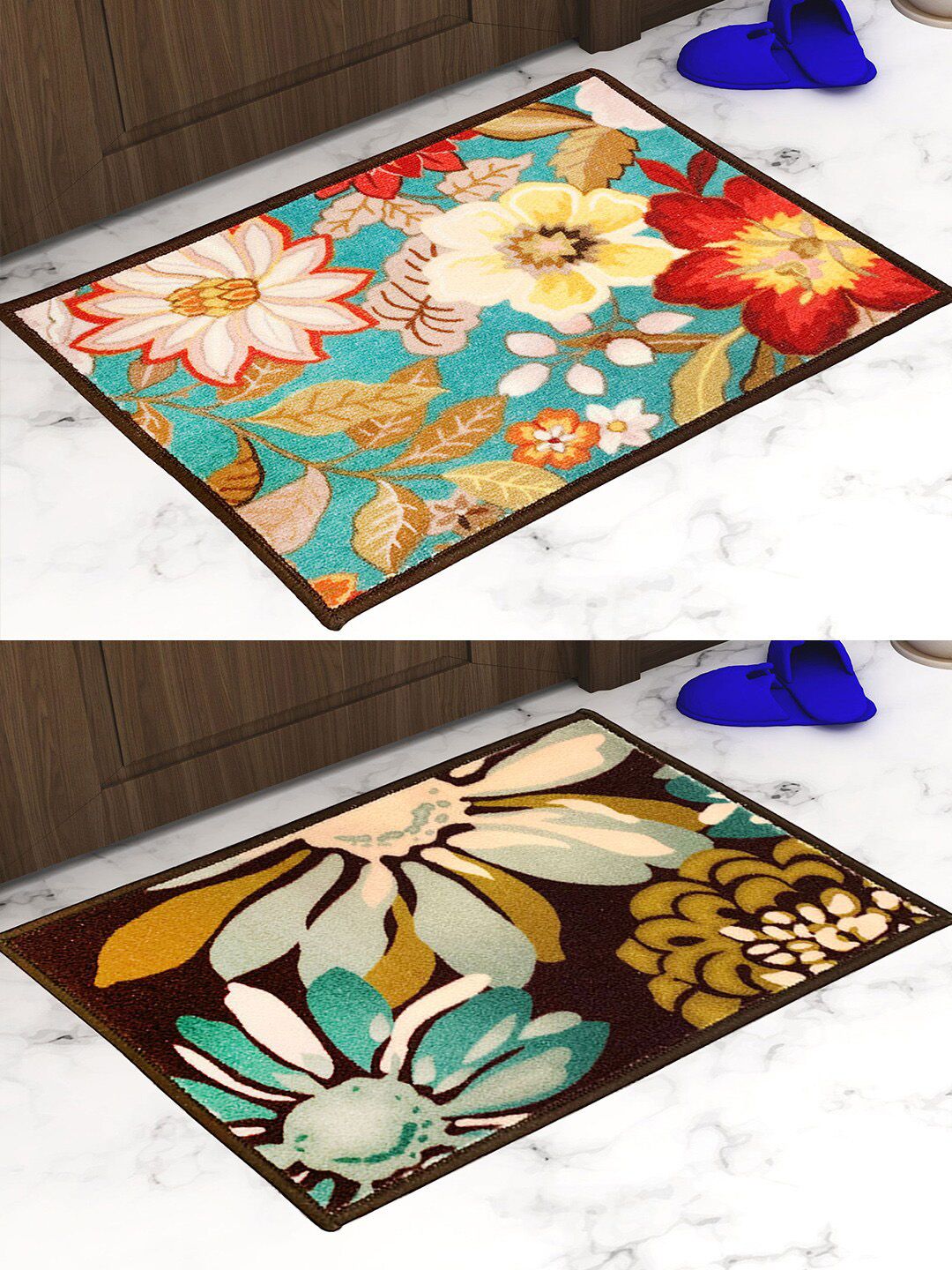 Athom Trendz Brown & Green Set of 2 Floral Printed Anti Slip Doormat 57x37cm