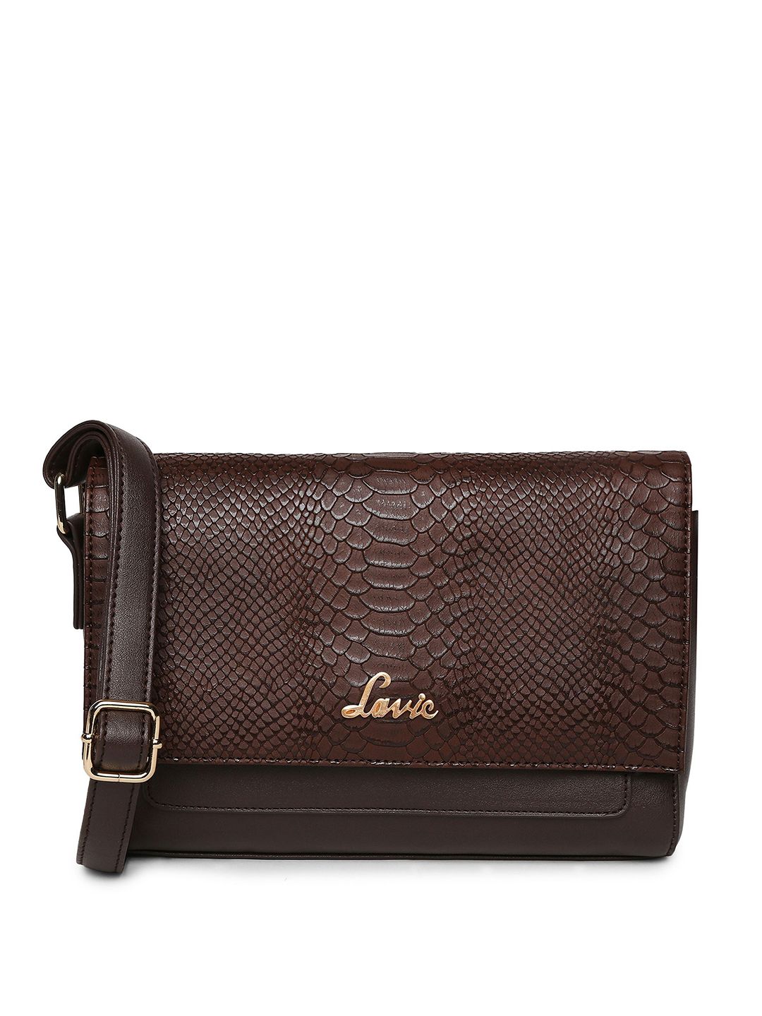 Lavie Coffee Brown Croc Textured Structured Sling Bag with Non-Detachable Sling Strap Price in India