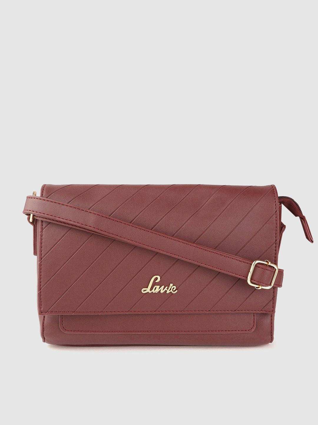 Lavie Burgundy Self Striped Structured Sling Bag with Non-Detachable Sling Strap Price in India