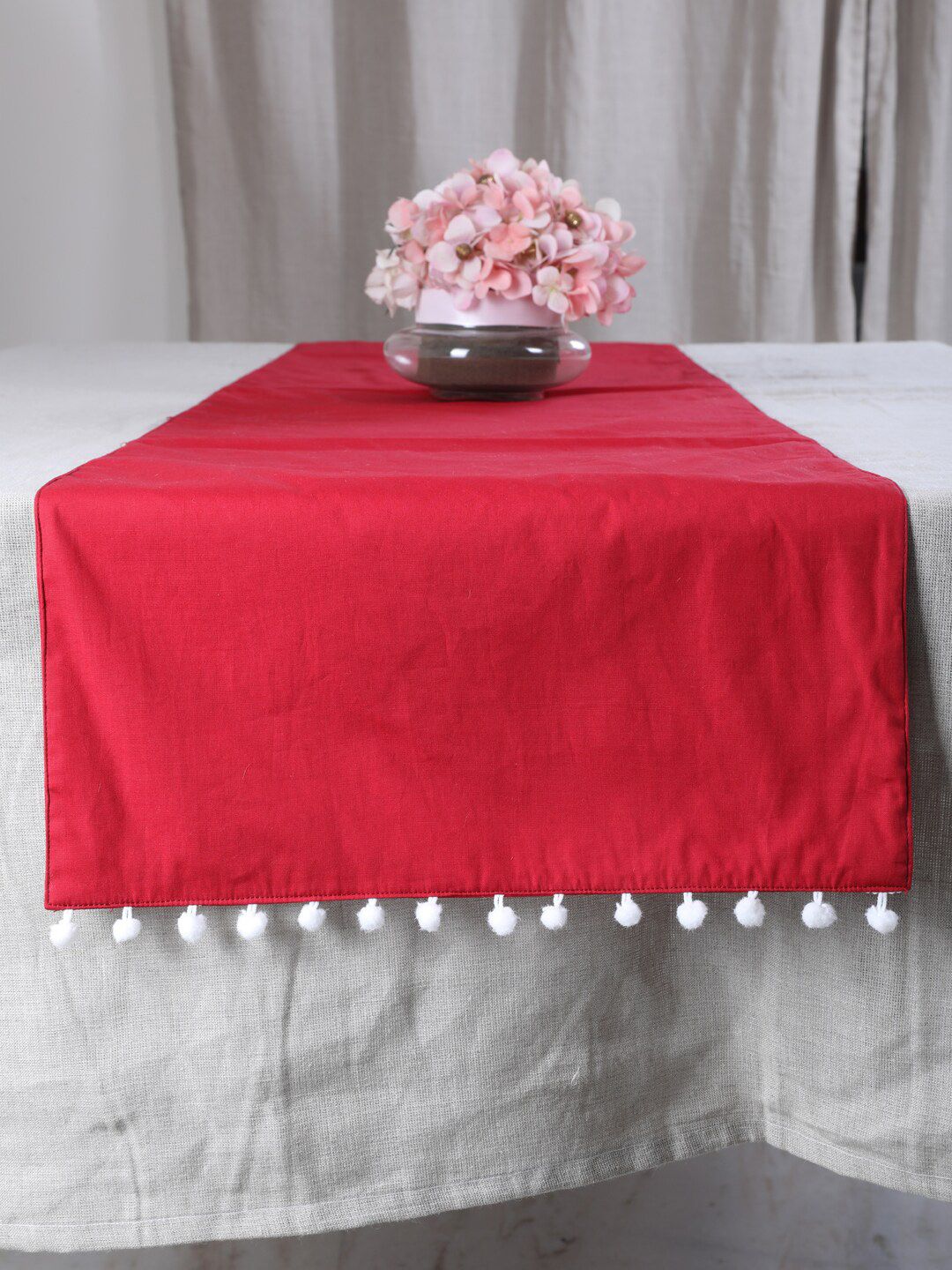 My Gift Booth Maroon Solid Pom-Pom Table Runner Price in India