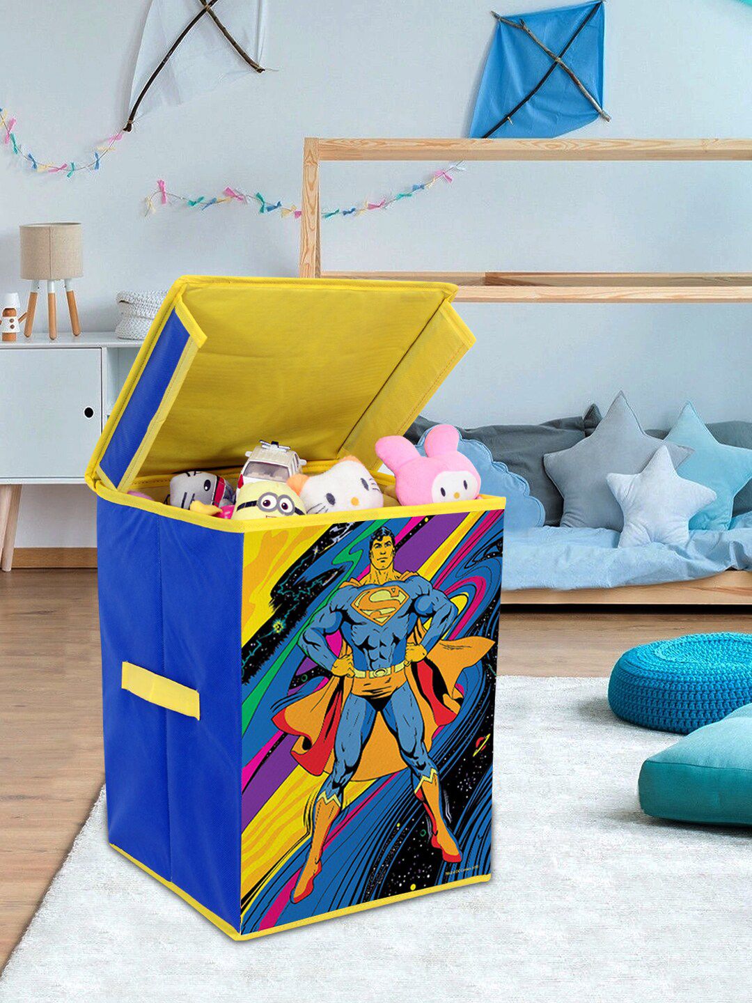prettykrafts Blue Superman Printed Foldable Storage Box with Top Lid Price in India