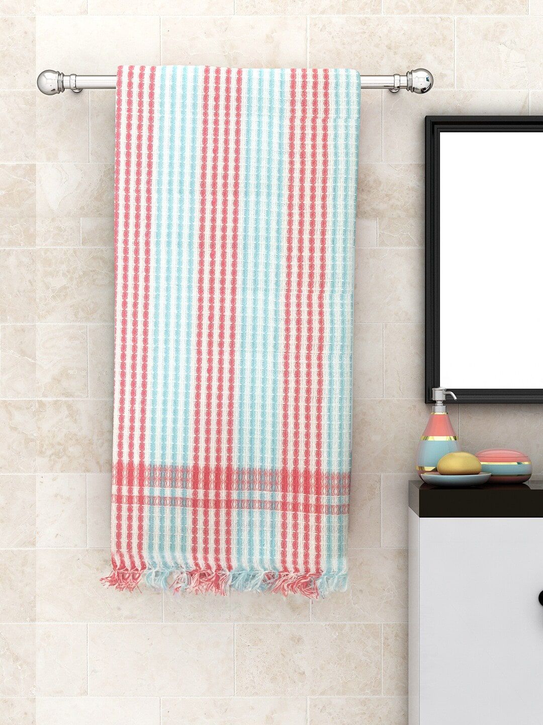 Athom Trendz White & Green Striped High Absorbant Bath Towel Price in India