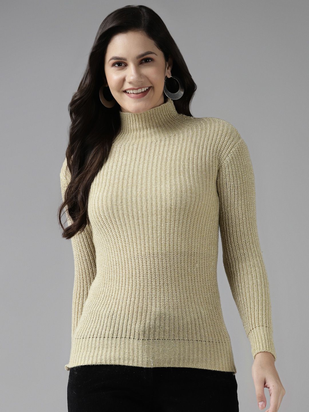 Cayman Women Beige Woollen Ribbed Pullover Price in India