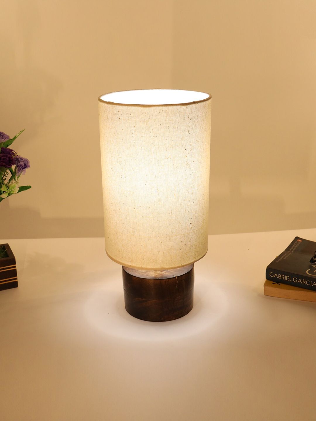 Homesake Brown & White Contemporary Handcrafted Column Table Lamp with Shade Price in India