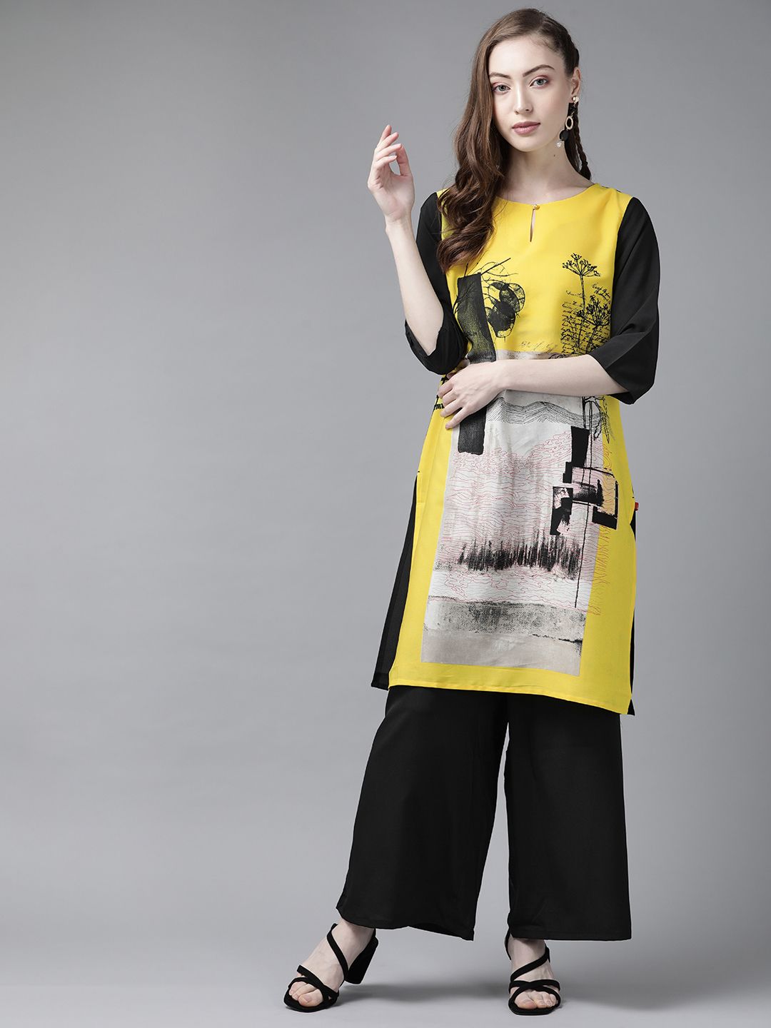 W Women Yellow & Black Printed Regular Kurta with Palazzos Price in India