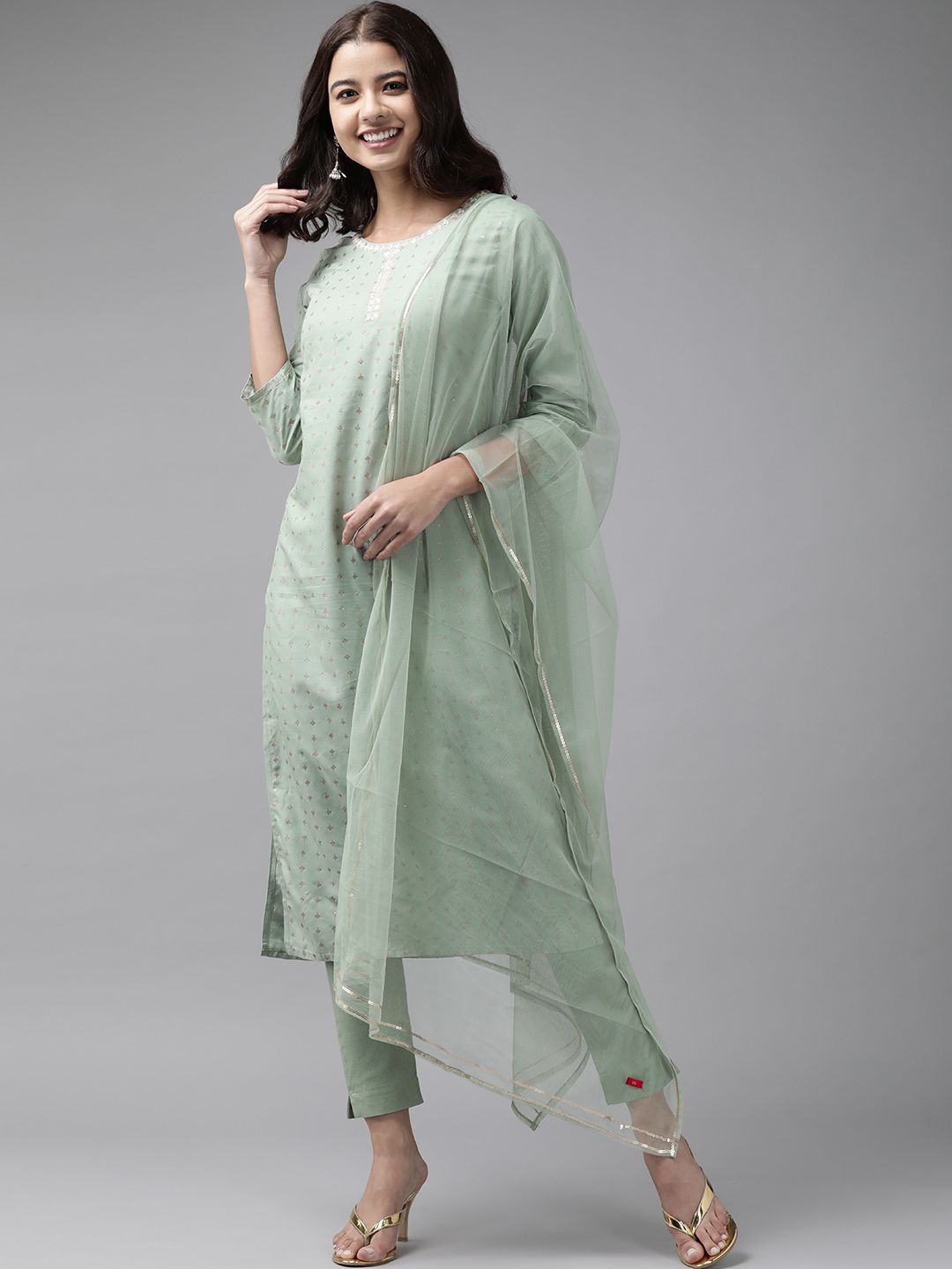 W Women Green & Golden Regular Sequinned Kurta with Trousers & With Dupatta Price in India