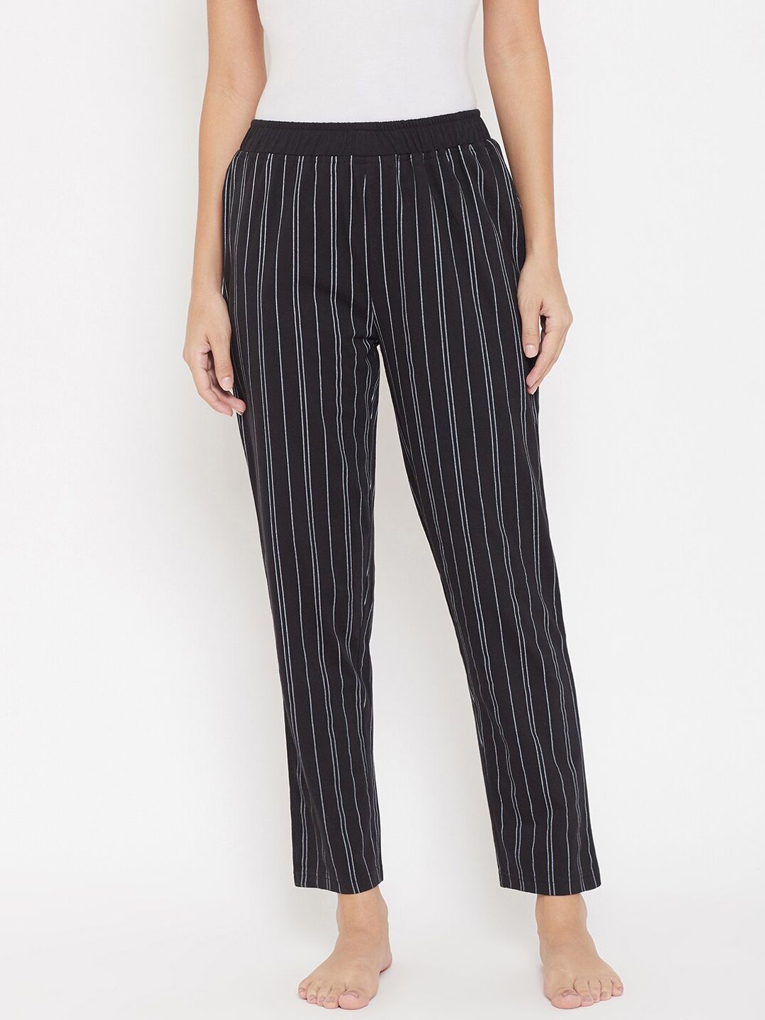 Okane Women Black & White Striped Lounge Pants Price in India