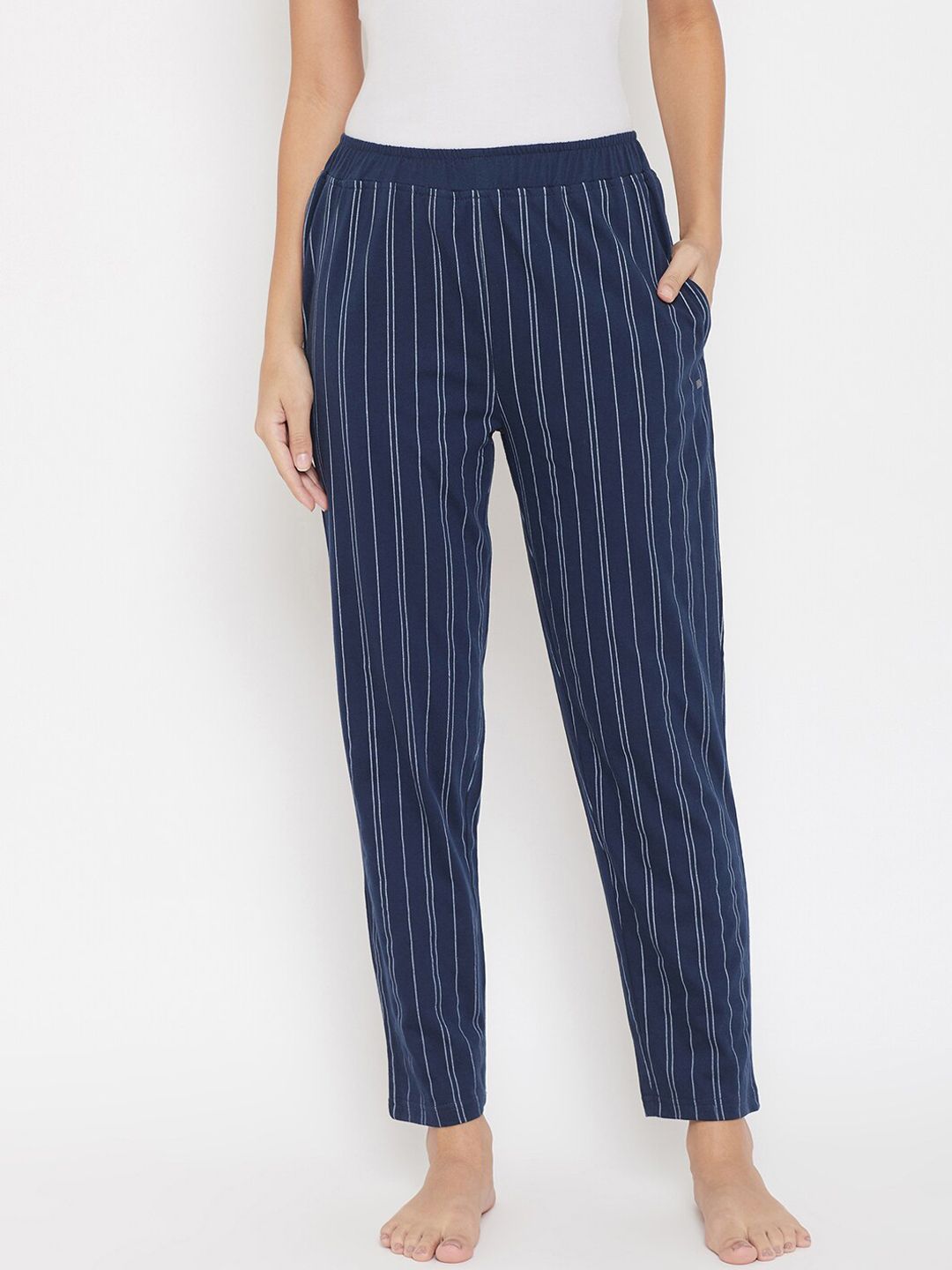 Okane Women Navy Blue & White Striped Lounge Pants Price in India