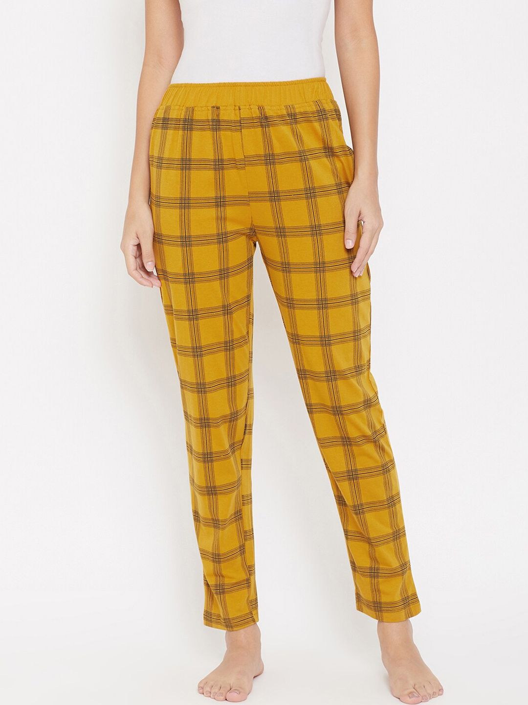 Okane Women Mustard Yellow & Black Checked Lounge Pants Price in India