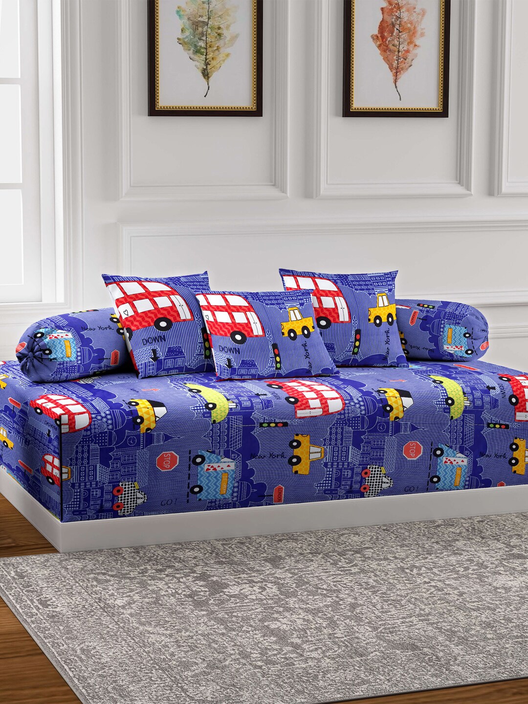 KLOTTHE Blue Printed Single Bedsheet With 2 Bolster Covers & 3 Cushion Covers Price in India