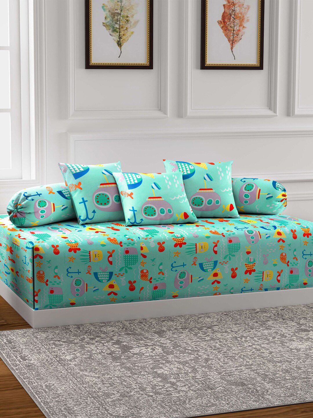 Klotthe Turquoise Blue Printed Single Bedsheet With 2 Bolster Covers & 3 Cushion Covers Price in India