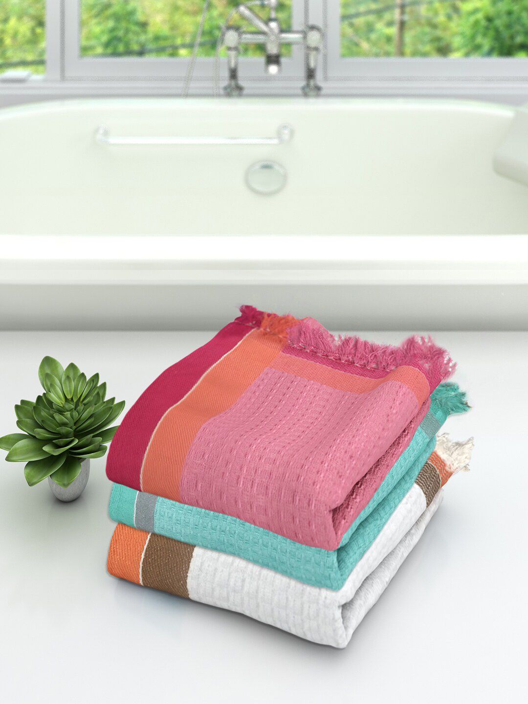 Athom Trendz Multi Set of 3 Cotton Bath Towels Price in India