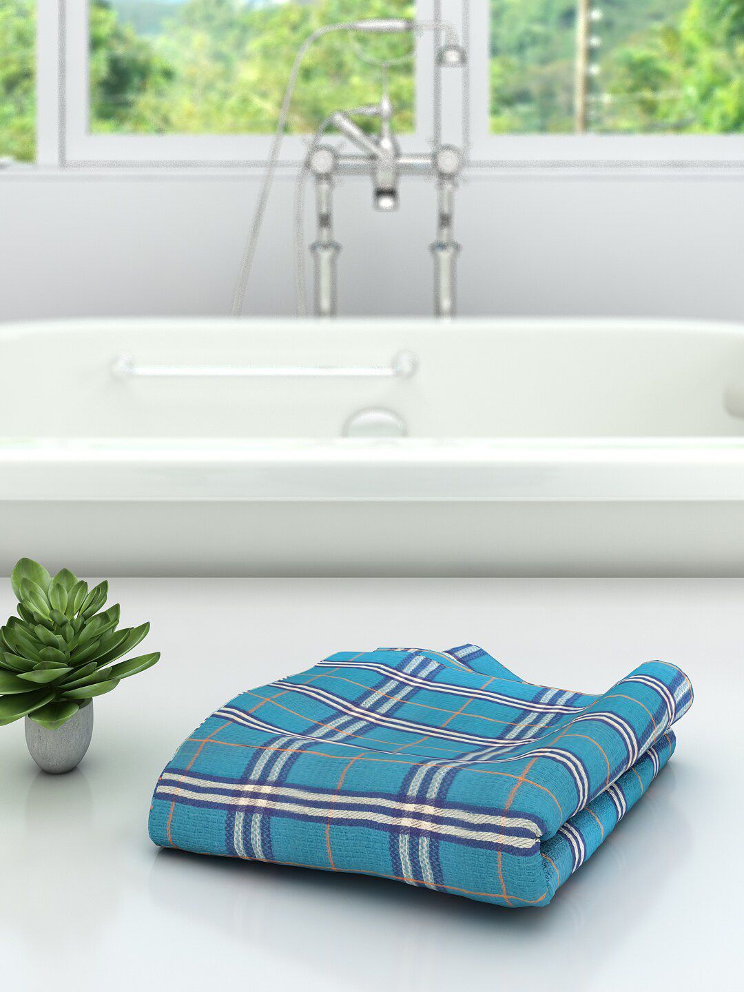 Athom Trendz Blue Checked Pure Cotton 210 GSM Lightweight Bath Towels Price in India